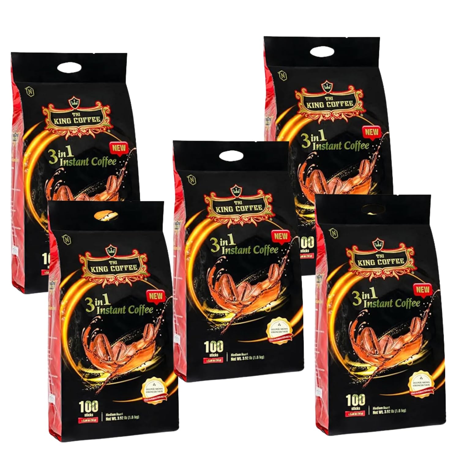 TNI King Coffee 3 in 1 Instant Vietnamese Coffee, 100 Single Serve Packets - Individual Pocket Size Sachet Sticks - Blended with Coffee, Cream Powder and Sugar - 5 Pack