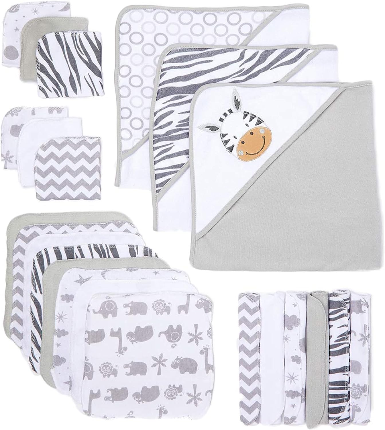 Spasilk 23-Piece Soft Terry Hooded Bath Towel and Washcloth Gift Set, 3 Baby Towels and 20 Baby Washcloths for Unisex Newborn Bath Essentials, Ideal, White Zebra