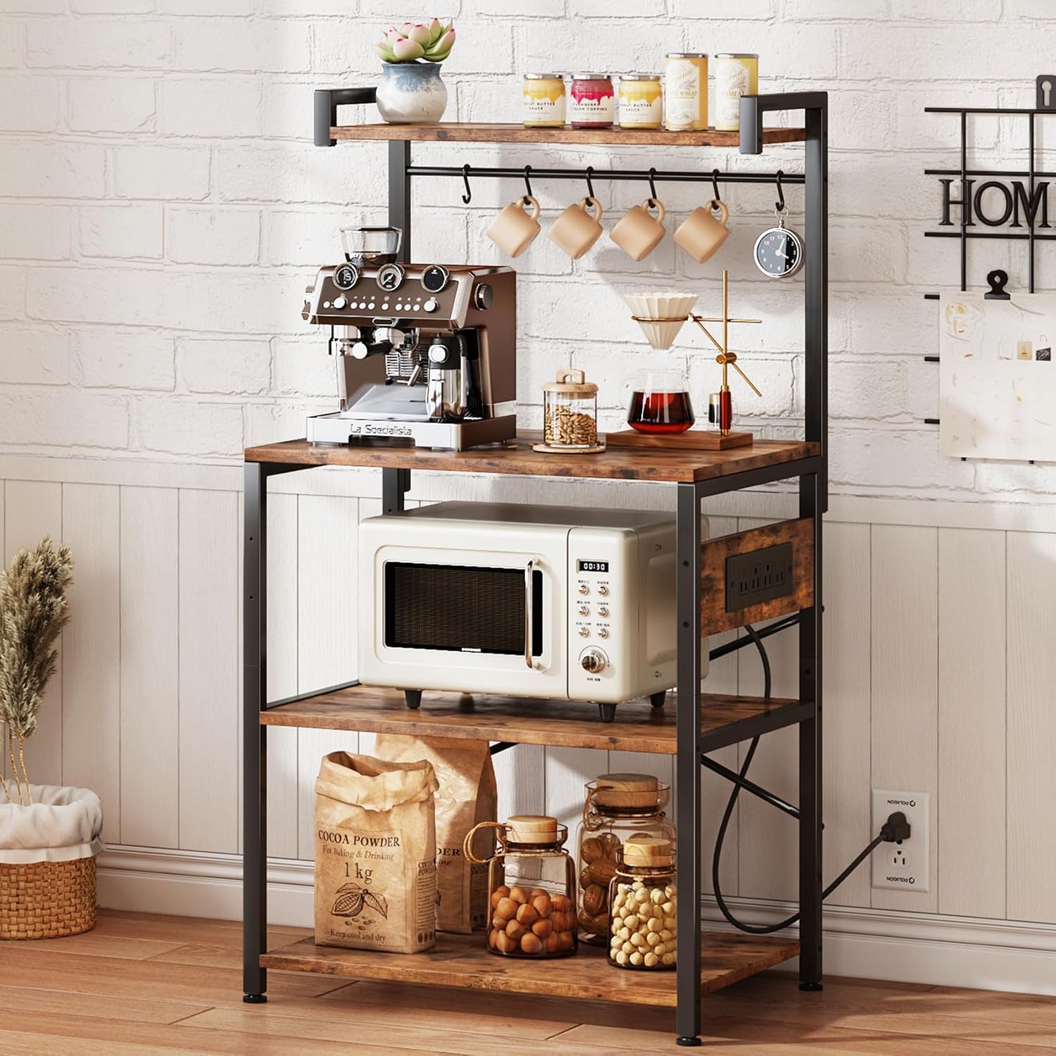 Standing Baker's Rack Coffee Bar Table - 4 Tiers Kitchen Microwave Stand with 6 Hooks, Kitchen Storage Shelves Rack,Rustic Brown