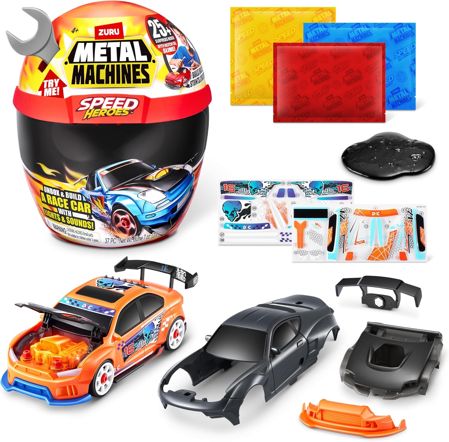 Metal Machines Speed Heroes (Silver) by Zuru, 20+ Surprises, Build Your own Car, Two Bodies, Lights & Sounds, Slime
