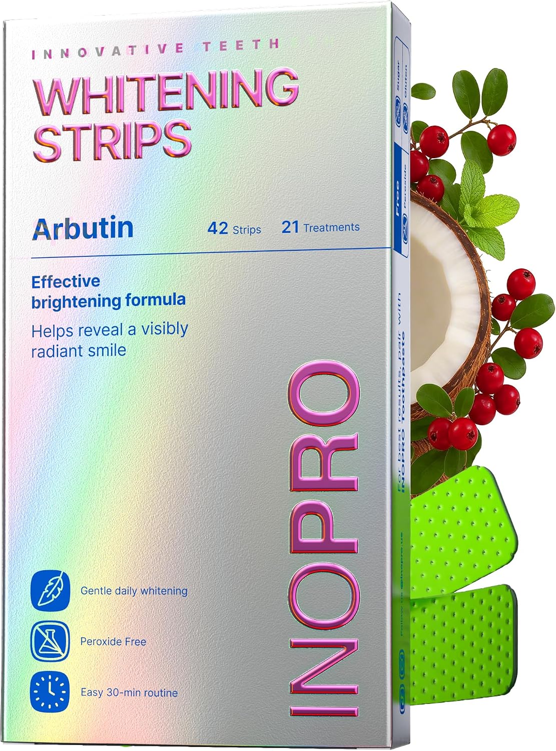 InoPro Teeth Whitening Strips 21 Treatments Kit - Teeth Whitener, Peroxide Free, Green White Strips for Teeth Whitening with Arbutin, Coconut Oil, Deep Stains Removal (42 Strips)