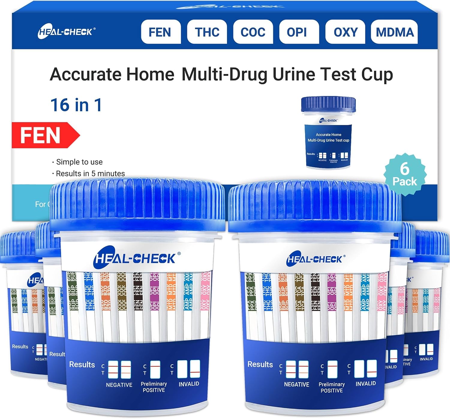 [6 Pack] HEAL-CHECK 16 Panel Drug Test Kit with Fentanyl for Home,Workplace