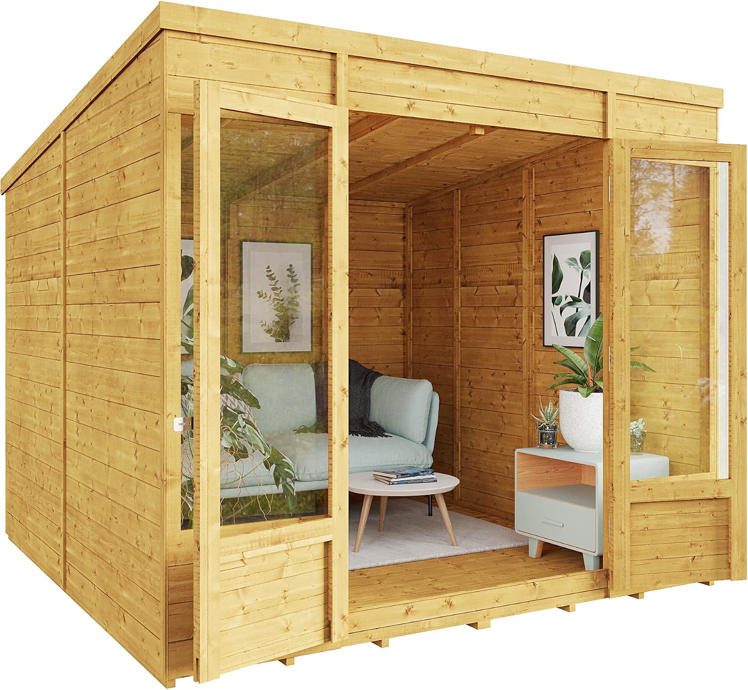 BillyOh Bella 8 x 8 Summer House Shed, Modern Pent Roof Log Cabin | Spray Treated - Garden Room with Wide Double Doors, Tongue and Groove Construction | Versatile Tiny Home or Garden Office
