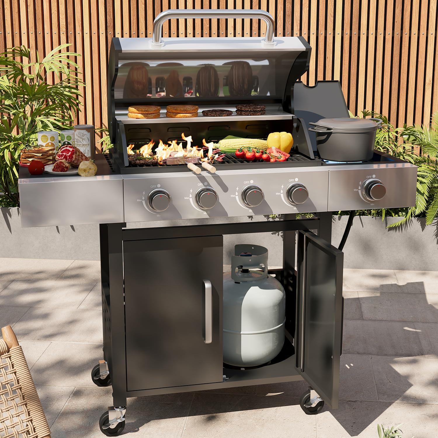 Aoxun 4-Burner Propane Grill with Side Burner, 49000 BTU Gas Grill, Stainless Steel Outdoor Grill with Cast Iron Grates & Side Tables for Backyard, Patio, Camping
