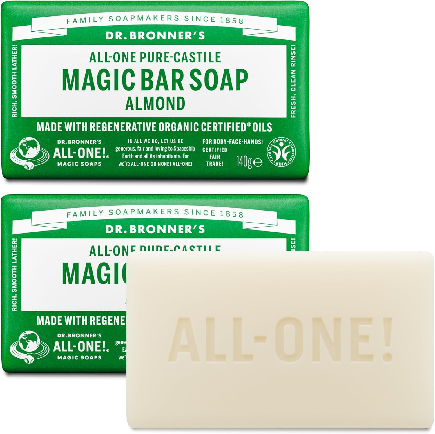 Dr Bronner's 3-in-1 Almond Pure Castile Bar Soap, Made with Organic Oils, Used for Face, Body and Hair, Certified Fair Trade & Vegan Friendly, 140g Bar