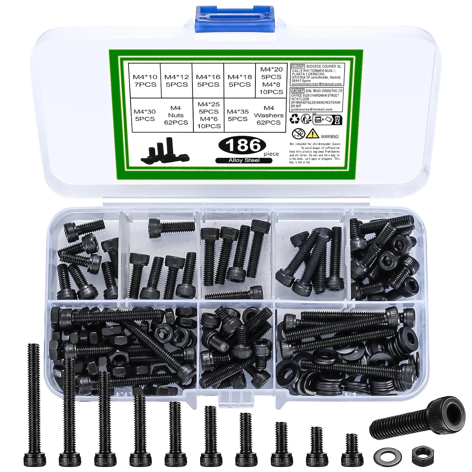 M4 Nuts and Bolts Set, 186 Pcs Hexagon Socket Head Cap Screws, Hex Socket Cap Head Screw, Black Machine Scraw Bolts and Nuts and Flat Washers Assortment Kit, for DIY Bicycle Motorcycle Repair