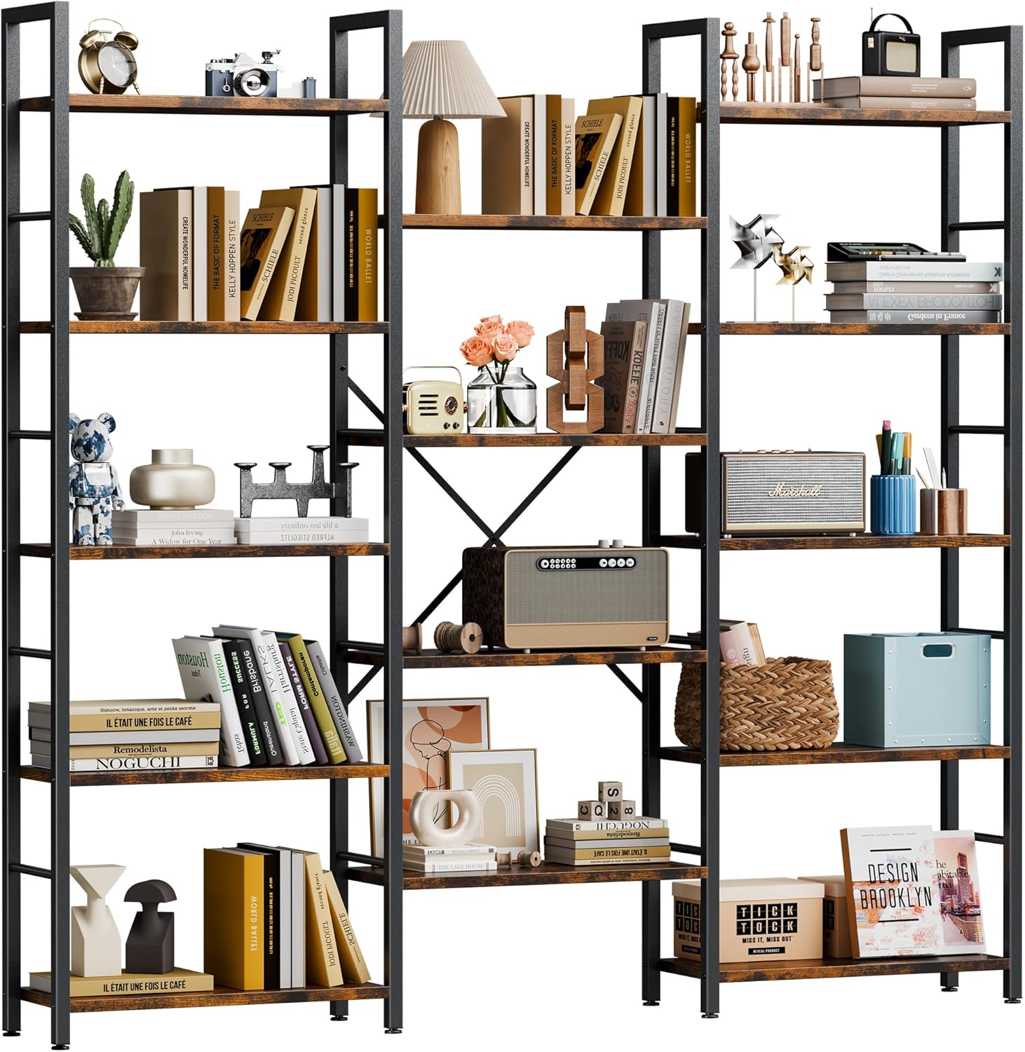 Shintenchi Triple 5 Tier Bookshelf, Industrial Large Bookcase with 14 Open Display Shelves, Large Etagere Bookshelf,Wide Book Shelf Book Case for Home & Office, Rustic Brown