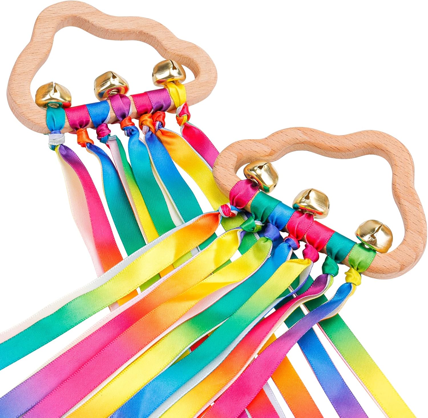 2PCS Sensory Wooden Ring Baby Toys - Sensory Toys for Babies Rainbow Ribbon Rattle Toy Educational Toddler Play Toy with Bells