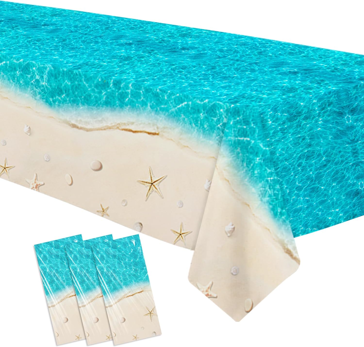 Beach Party Decorations Tablecloth, Disposable Ocean Seashell Party Supplies Table Cover, Ocean Waves Beach Table Decorations for Birthday Baby Shower Wedding, 3 Pack, 55in x 86in