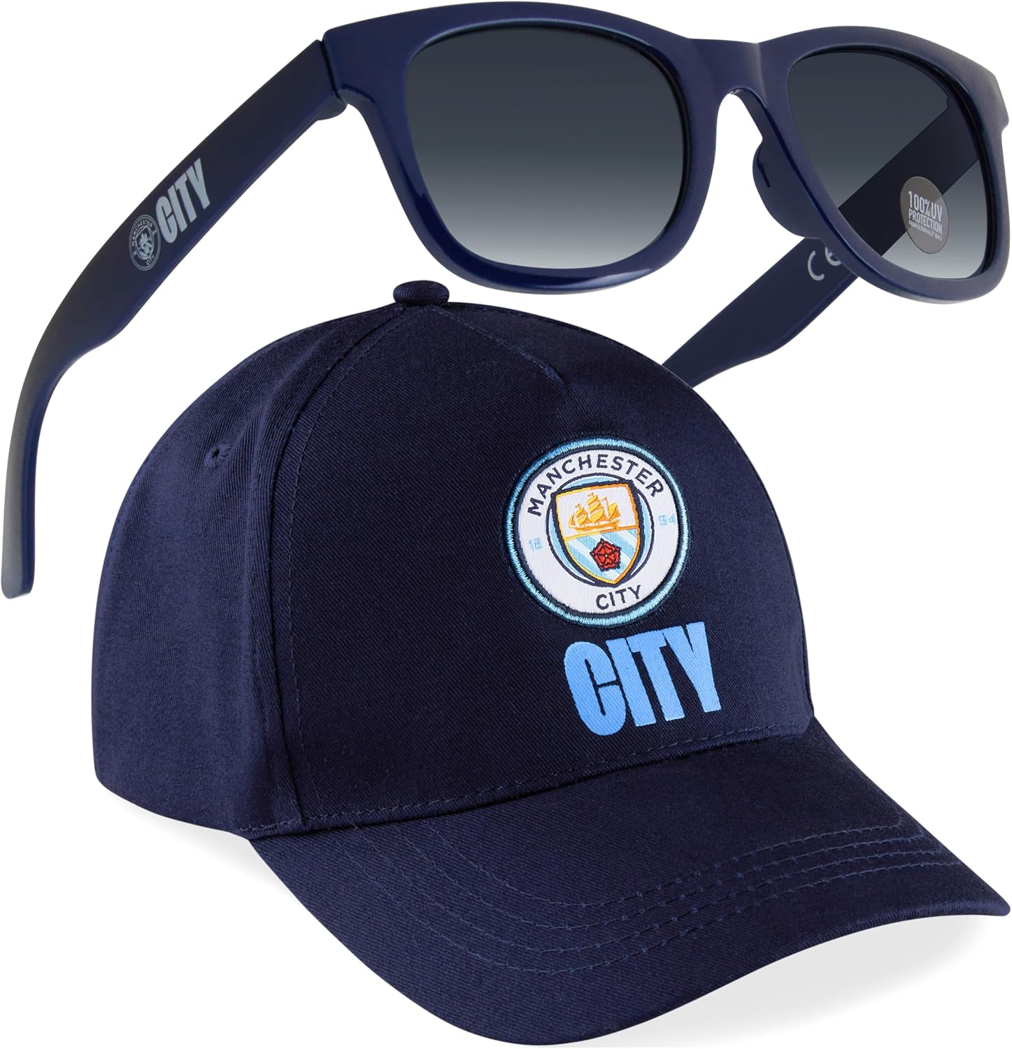 MANCHESTER CITY F.C. Baseball Cap or Bucket Hat and Kids Sunglasses Set Summer Sun Hat 100% UV Holiday Essentials Boys Gifts