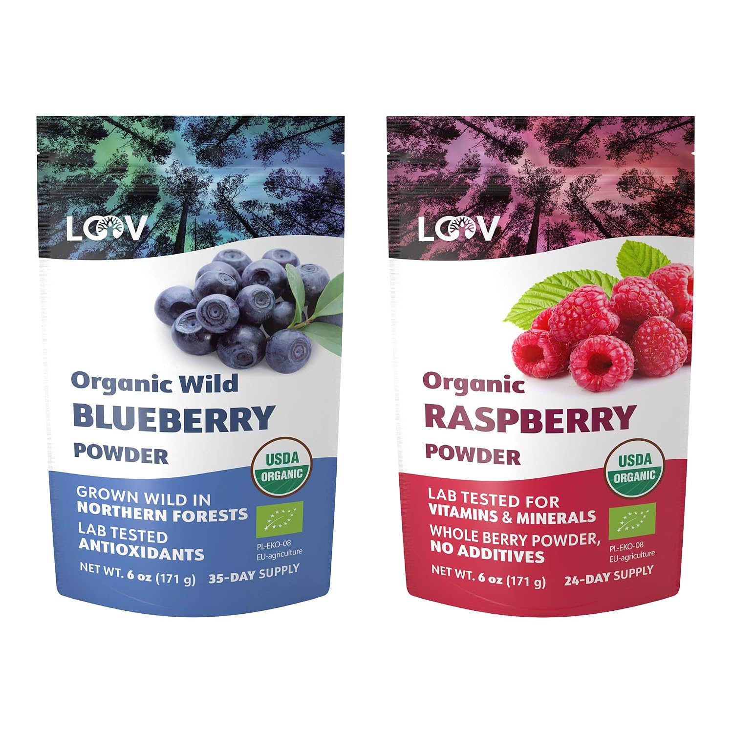 Bundle – 2 items: LOOV Organic Wild Blueberry Powder and Organic Raspberry Powder