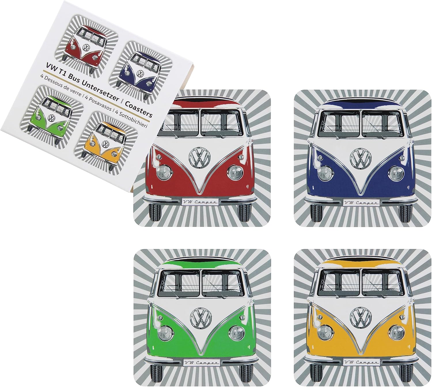 BRISA VW Collection - Volkswagen Drink Glass Cork Coasters with MDF Coating and T1 Bus Campervan Design (4-Piece Set/Samba Stripes/Multicolor)