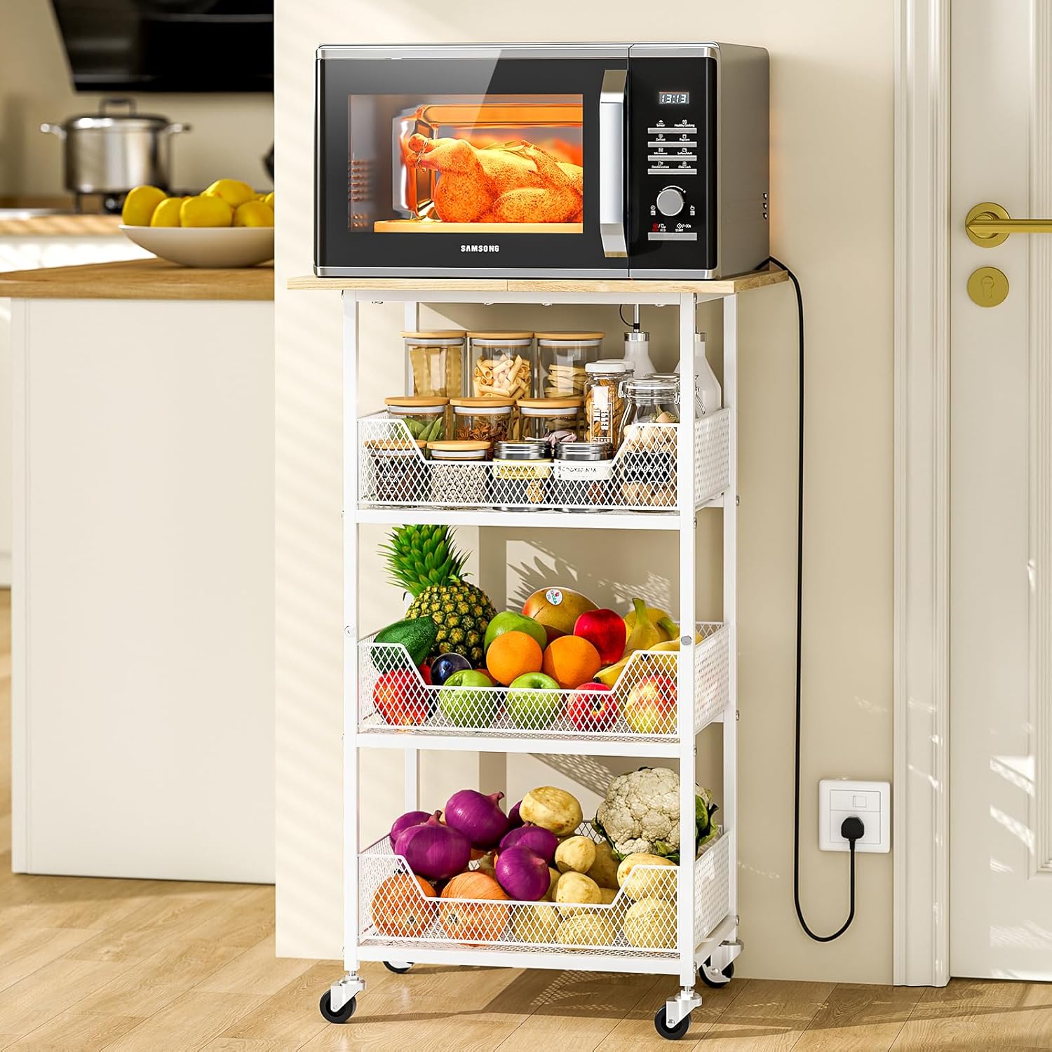 Kitchen Microwave Cart with Fruit Baskets, 4 Tier Microwave Table Stand with Storage, Kitchen Storge Shelf on Wheels Small Rolling Cart Organizer Rack for Pantry, Living Room, Bathroom