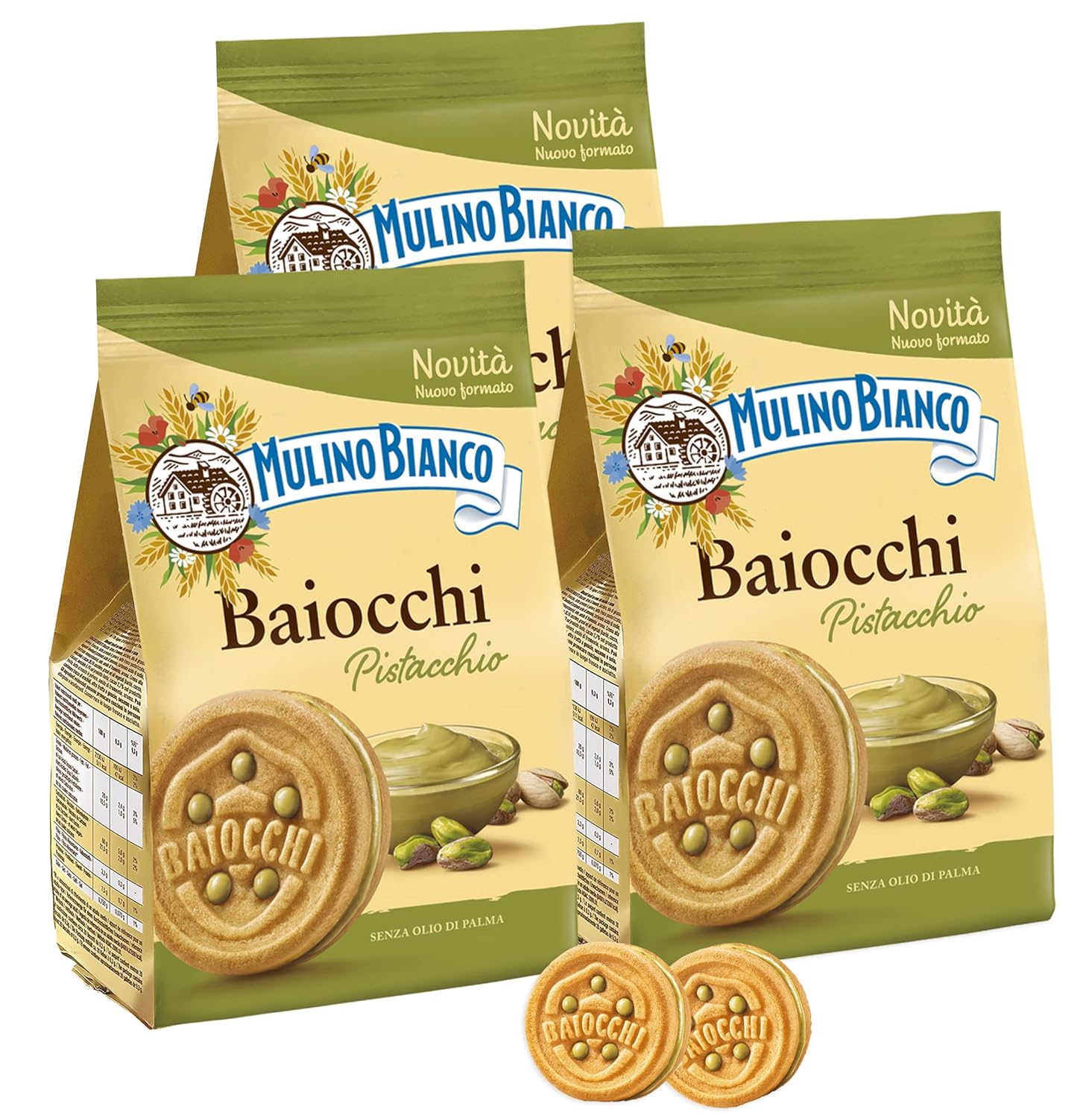 3X Mulino Bianco Baiocchi Biscotti Farciti con Crema al Pistacchio, Busta Nuovo Formato da 240gr [3 Confezioni]