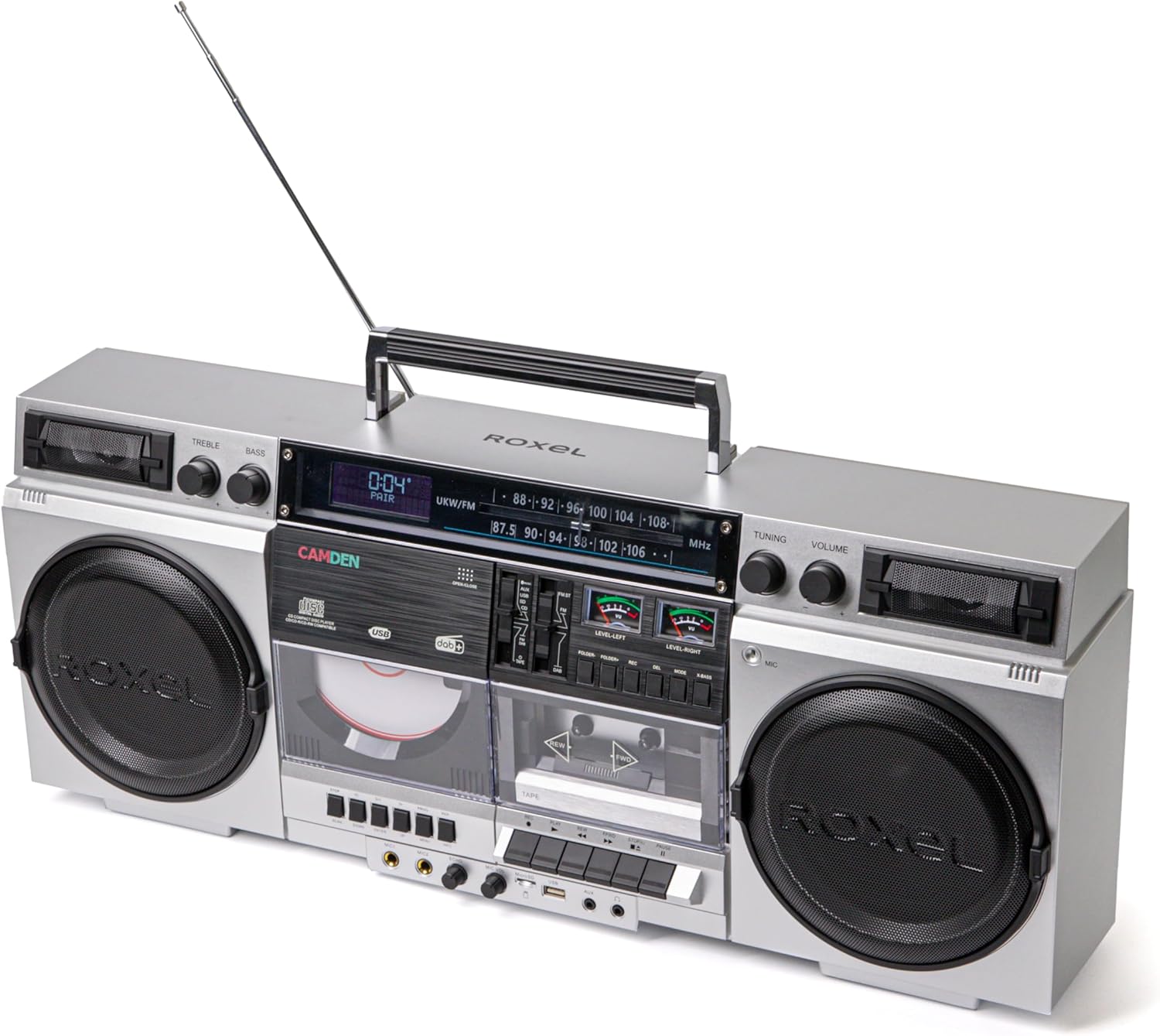 Roxel Camden Retro Cassette CD Player Boombox with DAB/FM Radio, Portable Vintage Player, BT 5.3, USB/TF/SD Playback, Mains Power, Headphone Jack, Vintage Design (Silver)