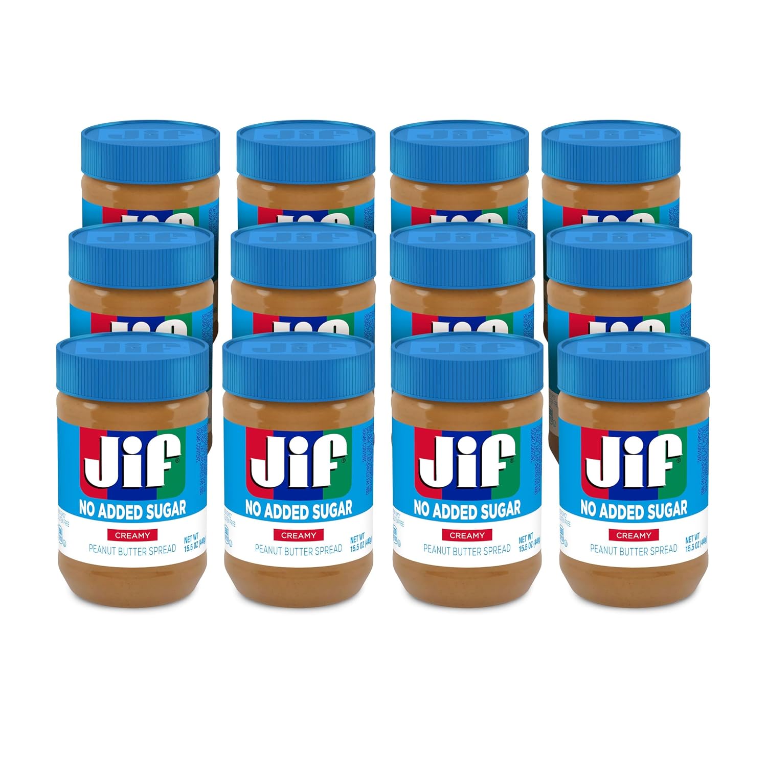 Jif No Added Sugar Creamy Peanut Butter Spread, 15.5 Ounces (Pack of 12), Smooth, Creamy Texture, No Stir Peanut Butter Spread