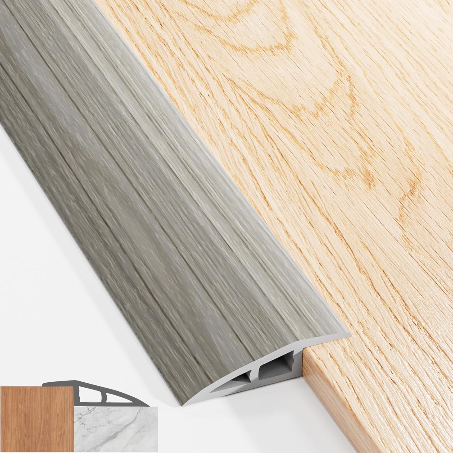 Self Adhesive Threshold Strips for Doorways, 100x5cm PVC Door Threshold Strip, Floor Transition Strips for Heights between 5-10mm, Waterproof Carpet to Laminate Door Strip (Grey Wood Grain)