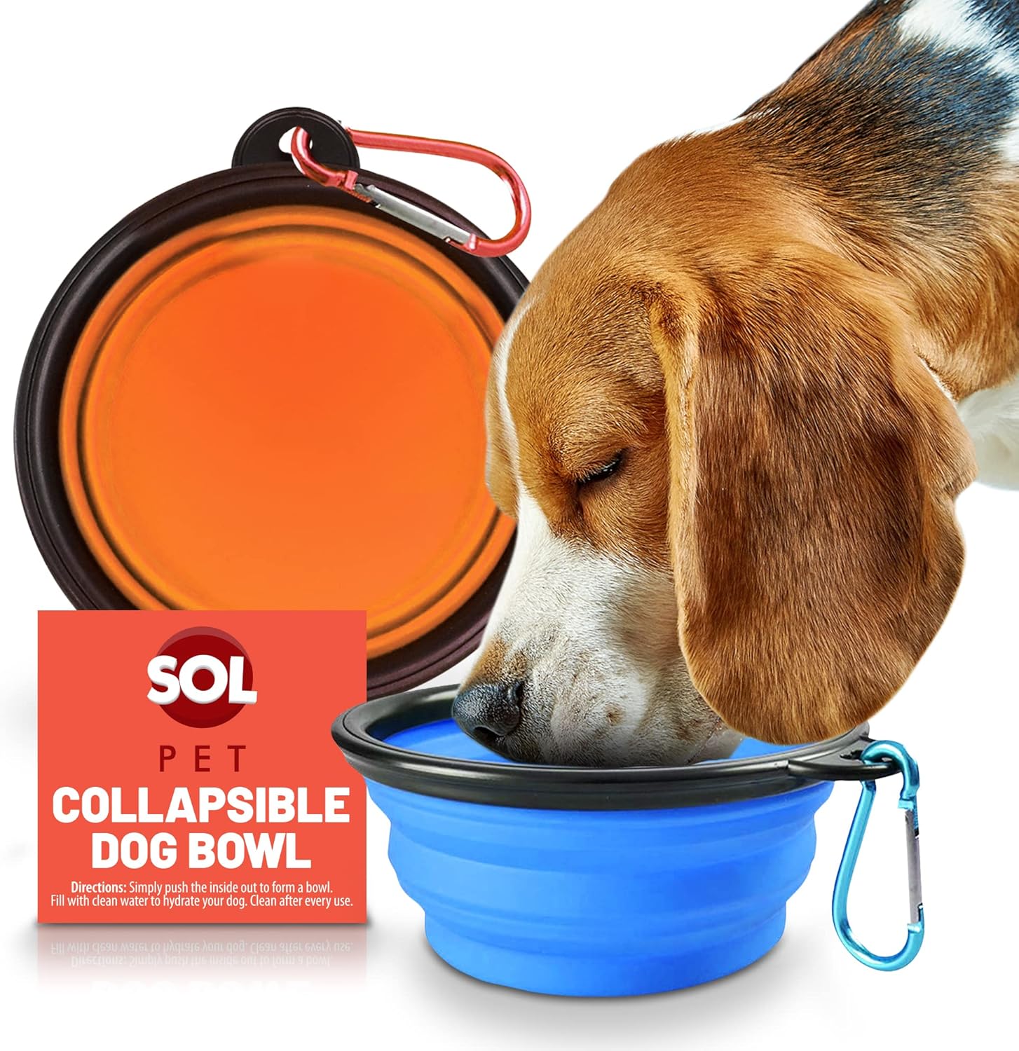 SOL 2pk Collapsible Dog Bowl, Adjustable Clip Dog Travel Bowl, Foldable Food & Water Bowl with Carabiner Clip for Outdoor & Travel Use, Lightweight, Durable, Compact & Portable Design for Easy Carry