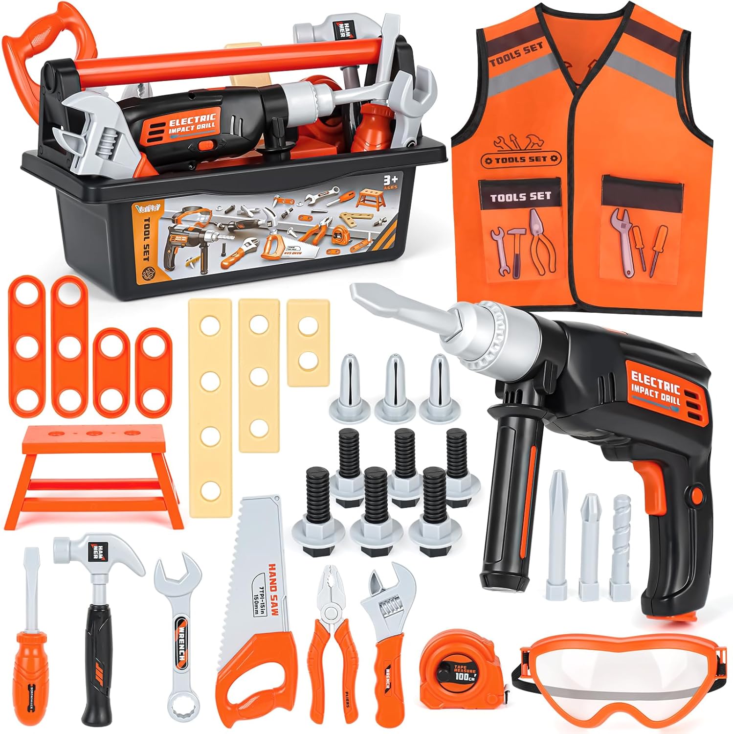 Vanplay Boys Toys Kids Tool Set with Tool Box, Vest & Electric Drill, 43Pcs Pretend Play Construction Toys for Boys & Girls Aged 3+ Years