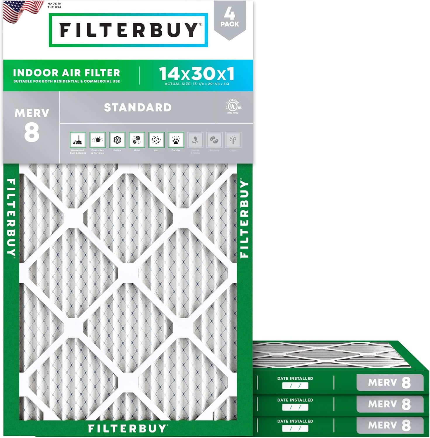 Filterbuy 14x30x1 Air Filter MERV 8 Dust Defense (4-Pack), Pleated HVAC AC Furnace Air Filters Replacement (Actual Size: 13.88 x 29.88 x 0.75 Inches)