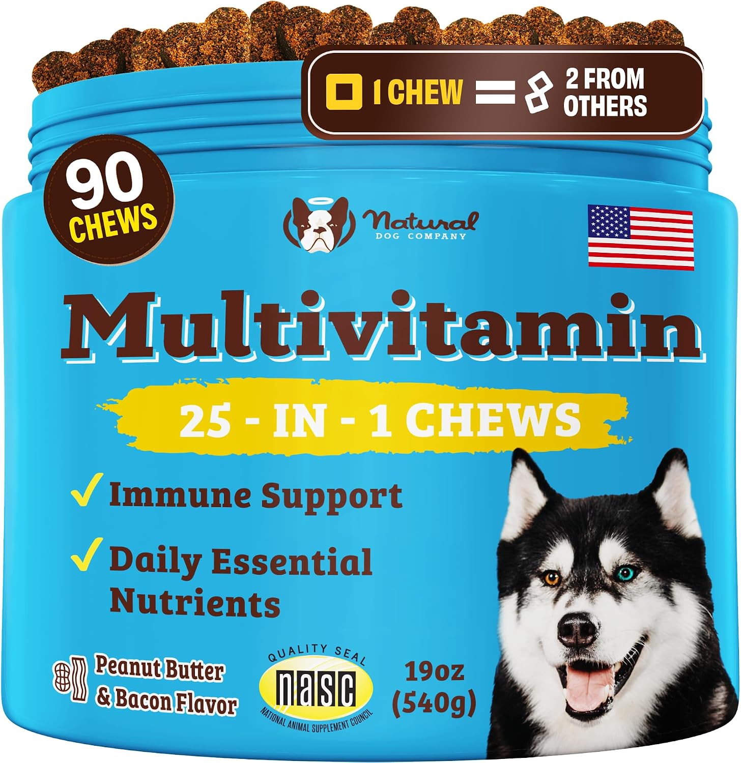 Natural Dog Company Multivitamin for Dogs – Daily Soft Chews with Vitamins, Minerals & Antioxidants, Immune & Joint Support, for All Ages, Sizes & Breeds, Bacon & Peanut Butter – 90 Count