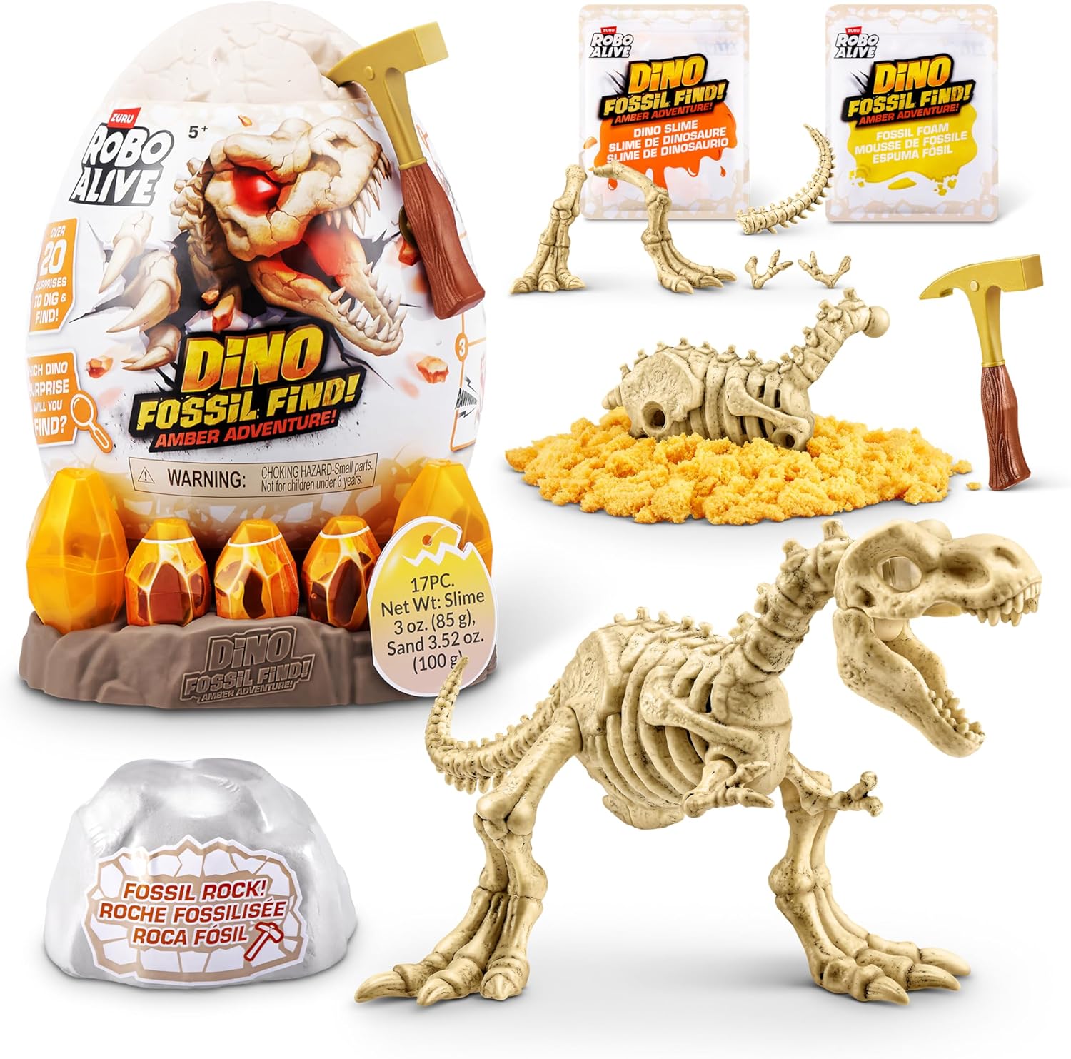 Robo Alive Fossil Find Amber Adventure (T-REX) by ZURU, Surprise Unboxing and Dinosaur Toy for Boys