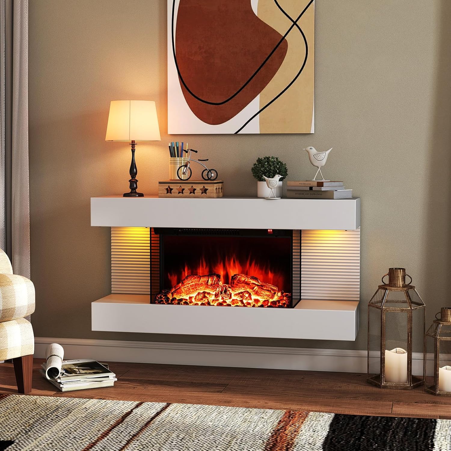 ORALNER 18-Inch Wall Mount Electric Fireplace with 32-Inch Floating Mantel, Remote, 3 Sided Electric Fireplace, 12 Adjustable Color Effect, 1500W Heater, White (32-INCH)