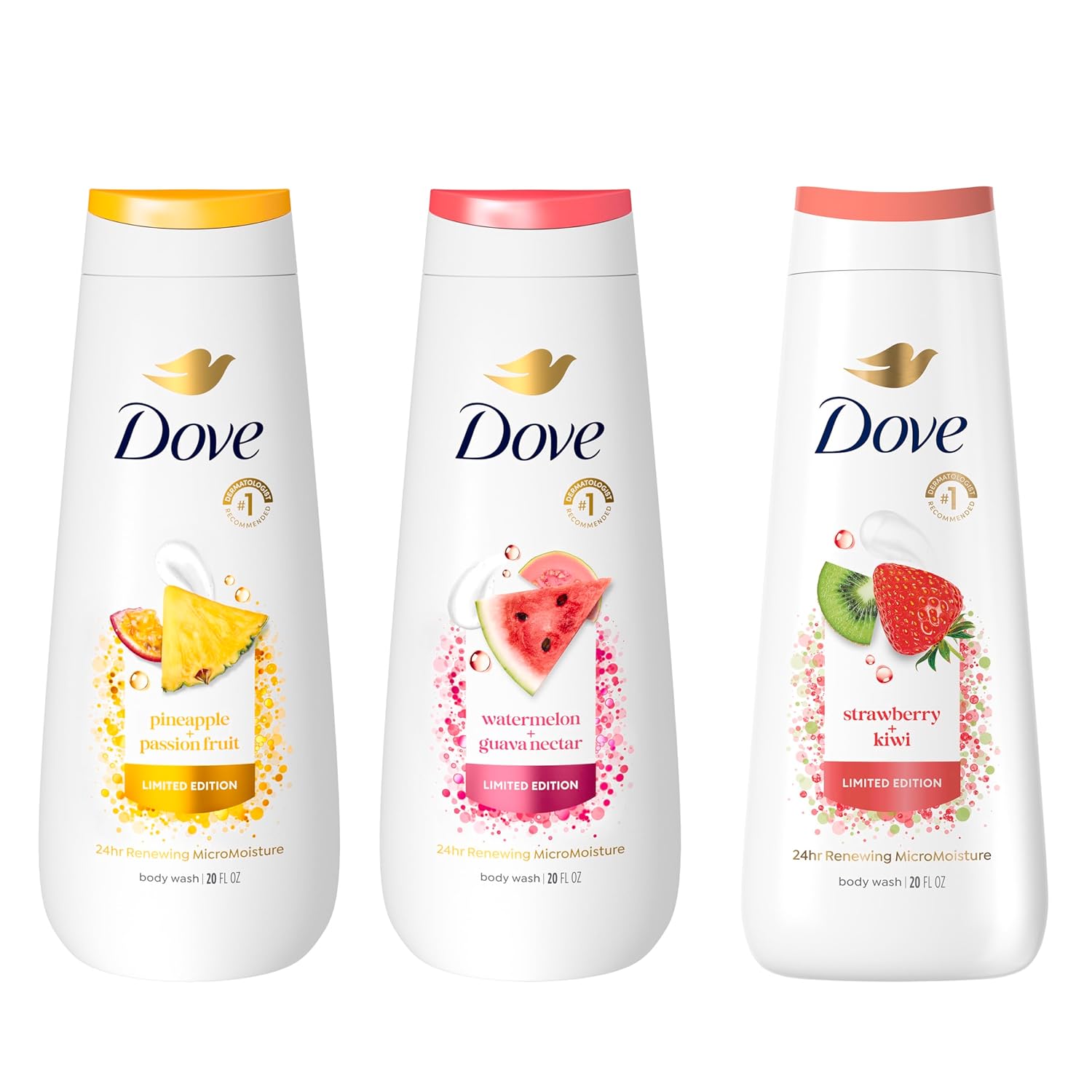 Dove Limited Edition Body Wash for women 3 count Mixed Summer Variety Pack for Hydrated & Soft Skin 20 fl oz