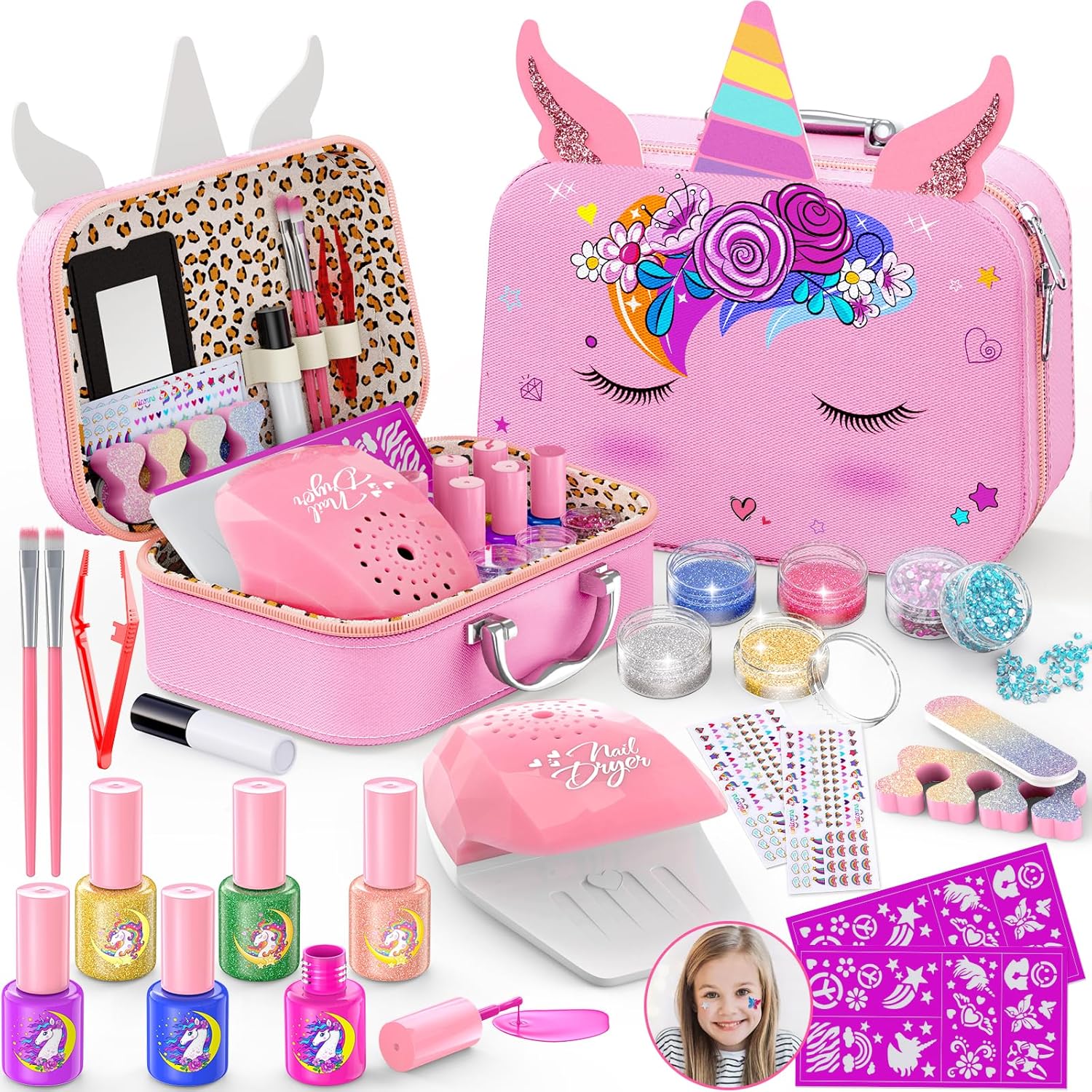 Kids Nail Polish Set for Girls, Nail Art Kit with Nail Dryer & DIY Nail Stickers, Nail Kit Toys for Girls with Non-Toxic Nail Polish,Age 3-12 Little Girl Gift Toys