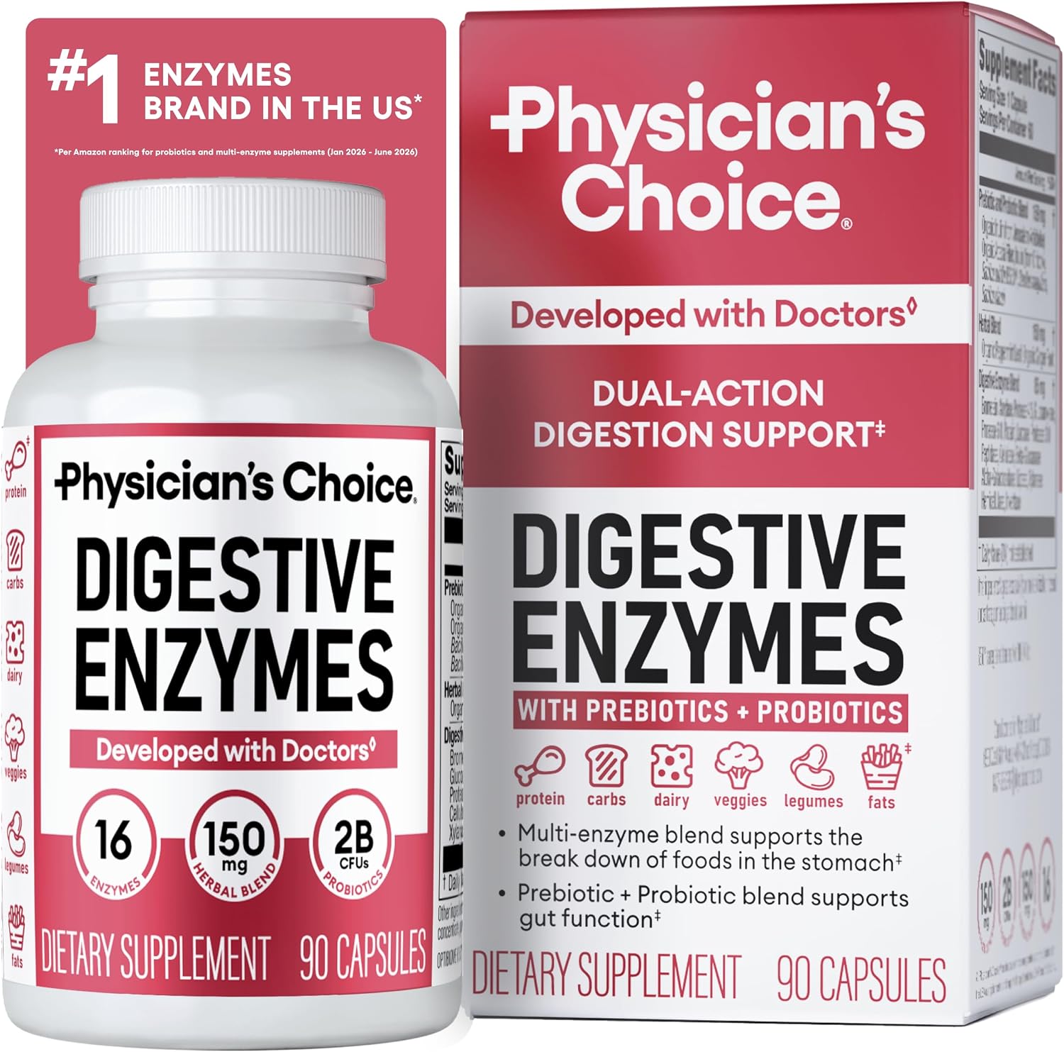 Physician's CHOICE Digestive Enzymes for Bloating & Digestion - Fast-Acting 16 Enzyme Formula with Organic Prebiotics & Probiotics for Gut & Digestive Health - Meal Time Discomfort Relief - 90 CT