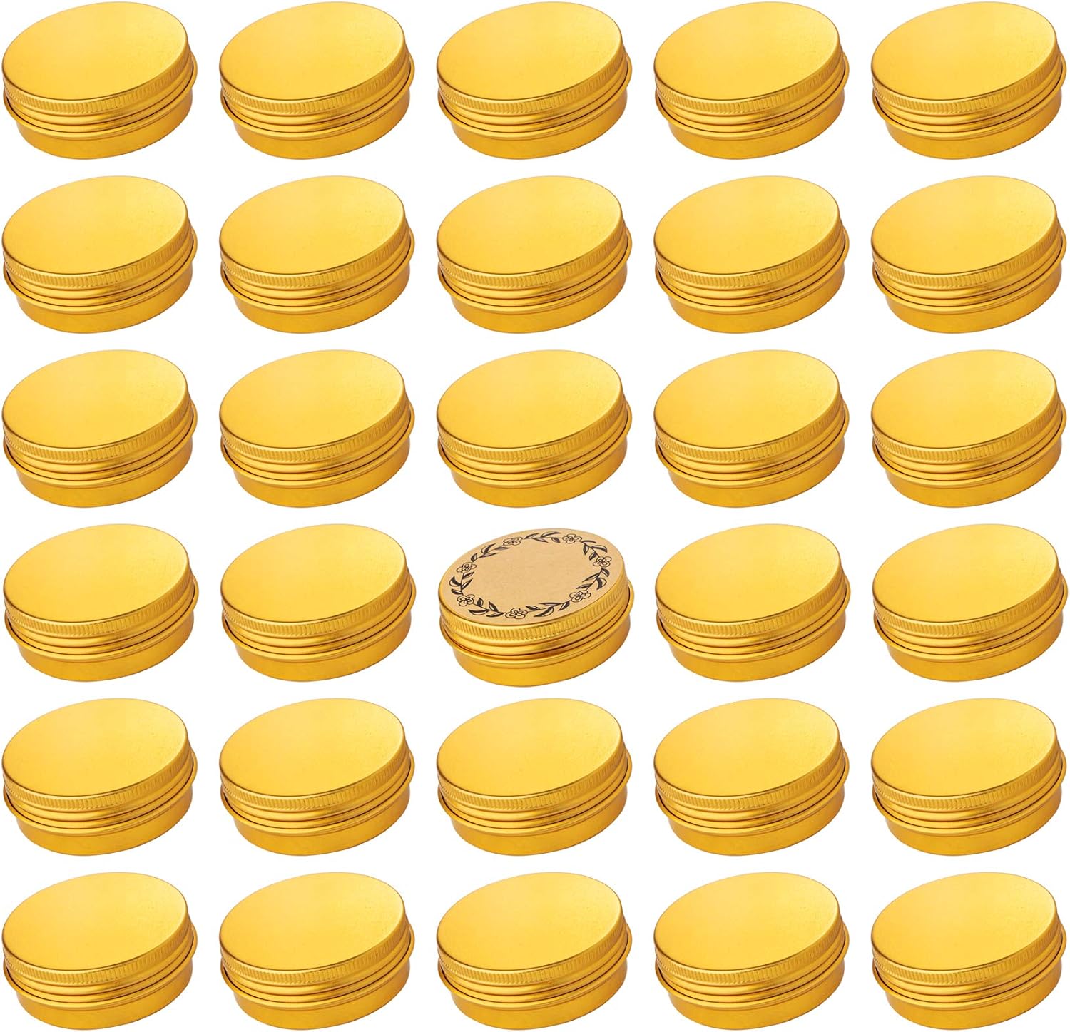 1 oz (30ml) Gold Screw Top Aluminum Tins with Labels, 32 Pack | Secure Packaging, Tight Screw Lids, Includes Blank Labels, 11 Color Options