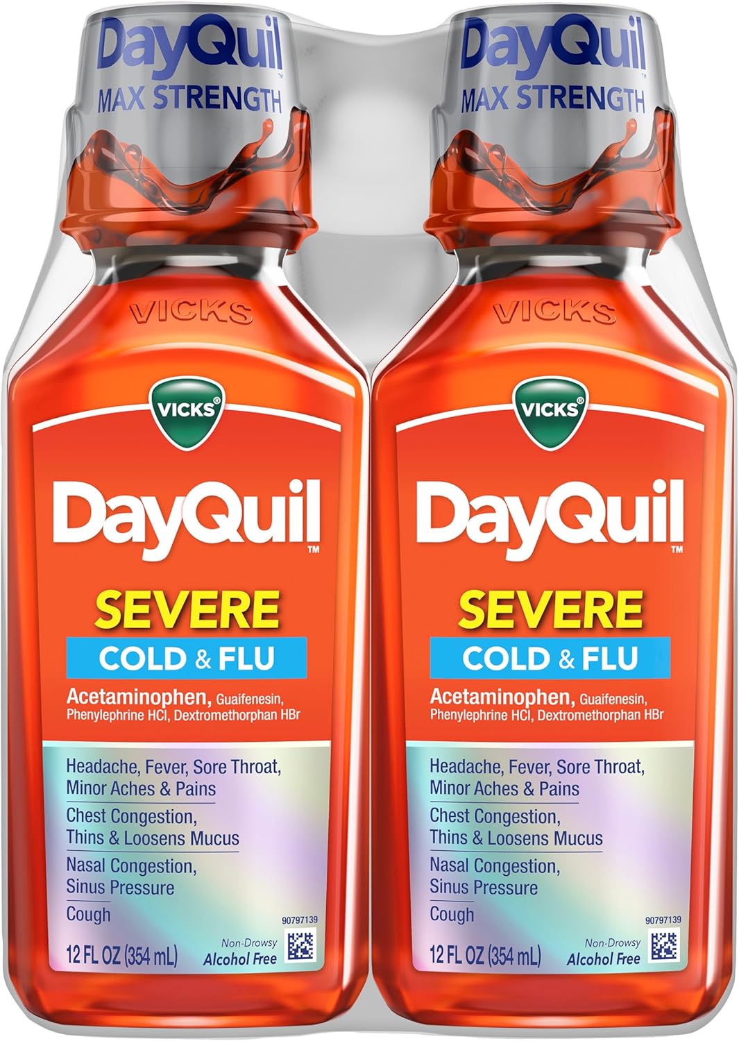 Vicks DayQuil Severe Cold & Flu Liquid Medicine, Daytime Relief for Headache, Fever, Sore Throat, Minor Aches & Pains, Chest Congestion, Stuffy Nose, Nasal Congestion, Sinus Pressure, & Cough, 2x12oz