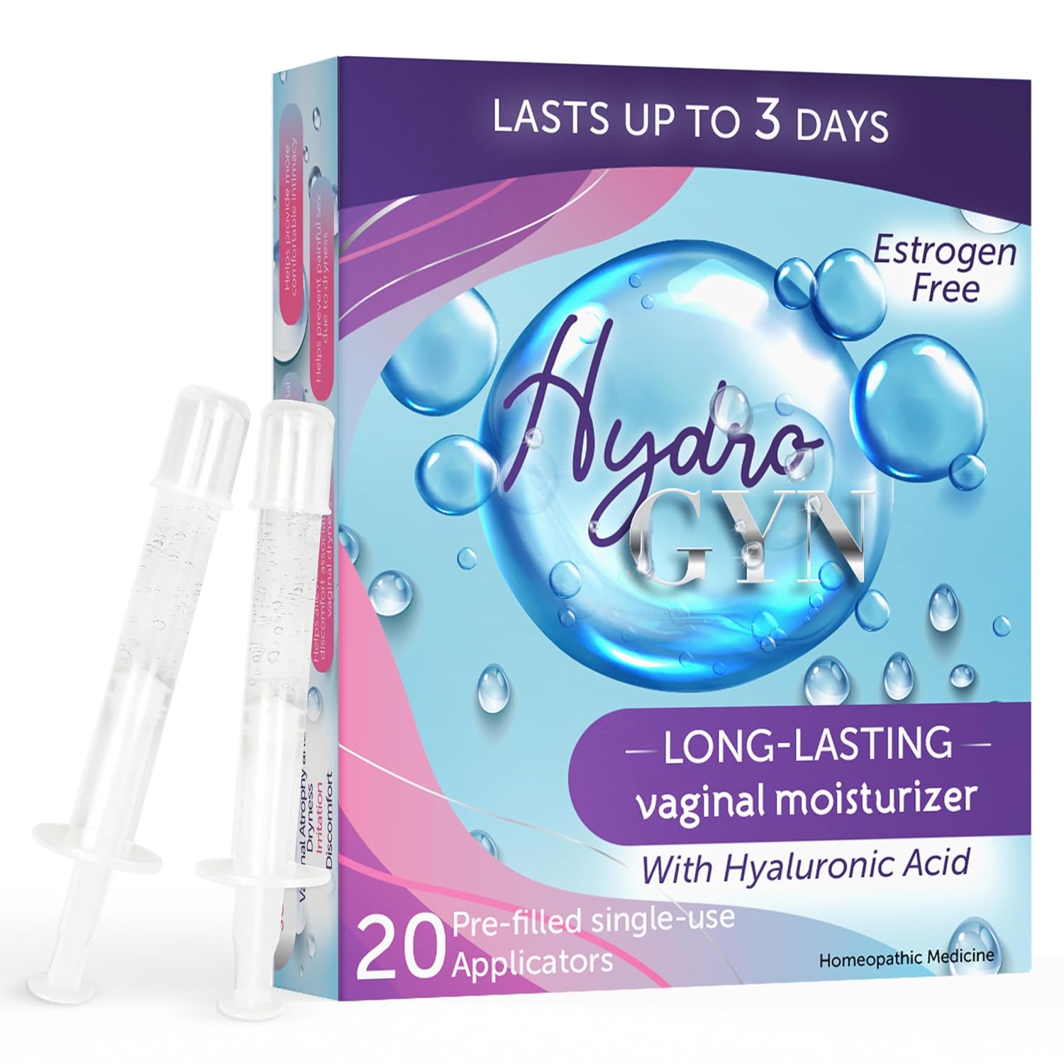 Hydro GYN Vaginal Moisturizer | Long Lasting for Vaginal Dryness & Irritation | Hyaluronic Acid & Vitamin E | Feminine Care Hormone Free | Pre and Post Menopausal I 20 Pre Filled Applicators