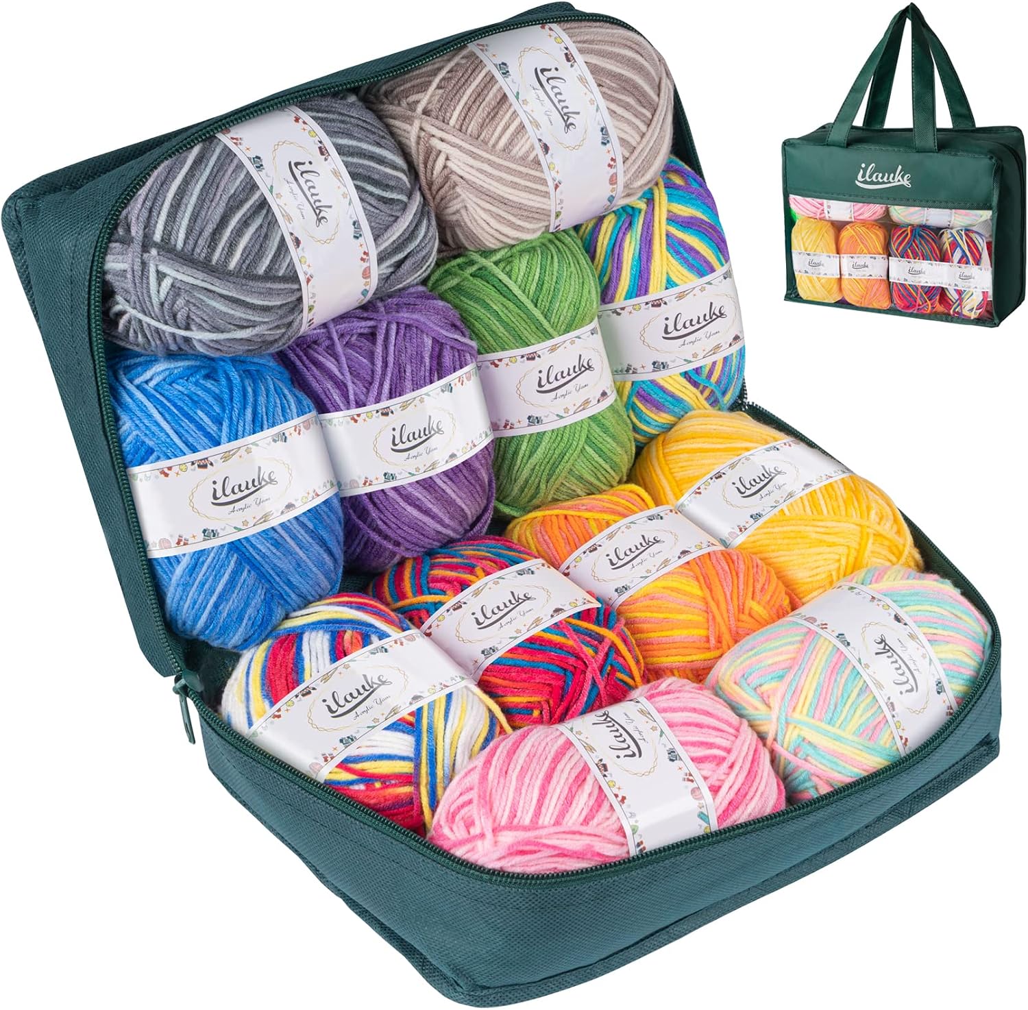 ilauke 12 Colors x 50g Acrylic Double Knitting Wool 4-Ply Rainbow Wool