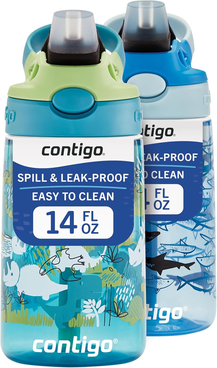 Contigo Aubrey Kids Dinos & Sharks Cleanable Water Bottle with Silicone Straw Spill-Proof Lid Dishwasher Safe 14oz 2-Pack