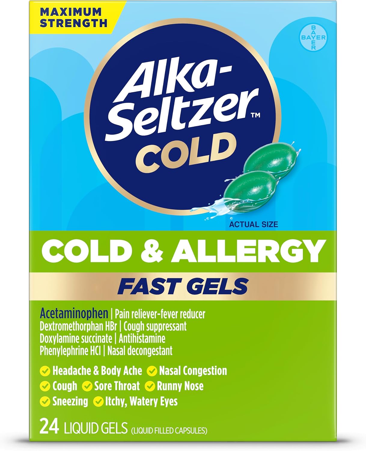 Alka-Seltzer Cold, Cold & Allergy Max Strength Fast Gels, Allergy Medicine, Multi-Symptom Relief, Body Aches and Pains, Congestion Relief, 24 Count (Packaging May Vary)