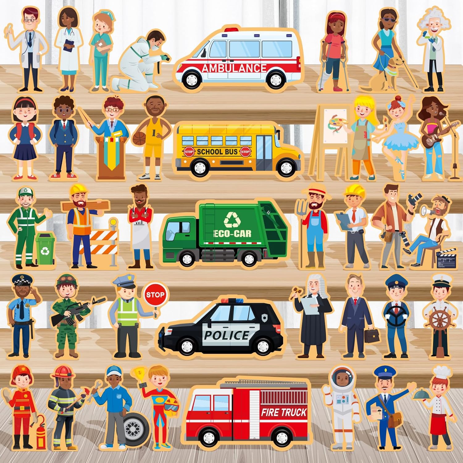 Blosssound 40 Pcs Wooden Community Helpers Toys Wooden Cars Set Little Wood People Figures Multicultural Career Wood Blocks for Preschool Classroom Diversity Play Games Educational Activity Supplies