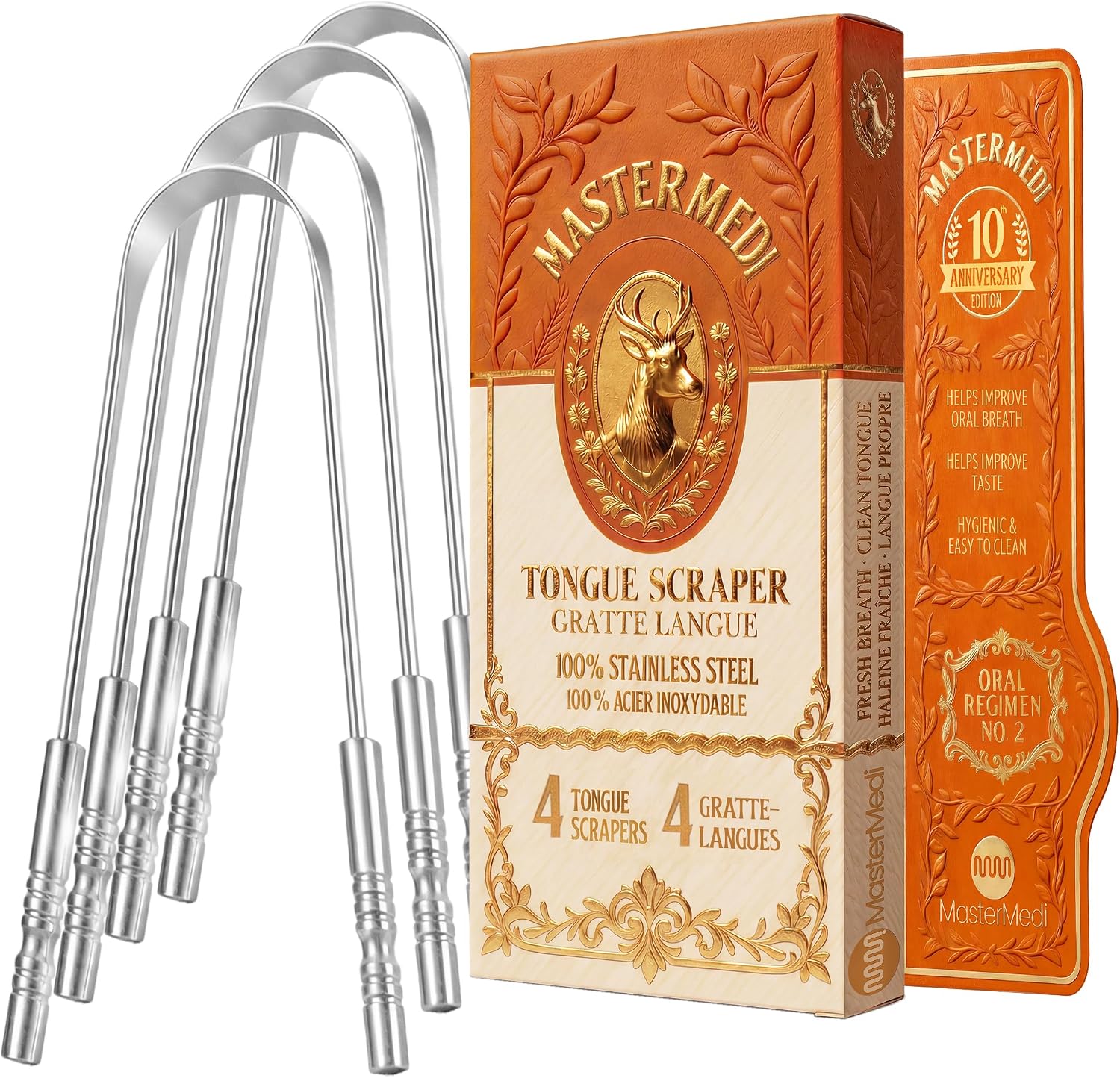 MasterMedi Tongue Scraper Tongue Scraper Stainless Steel New (4 Count (Pack of 1))