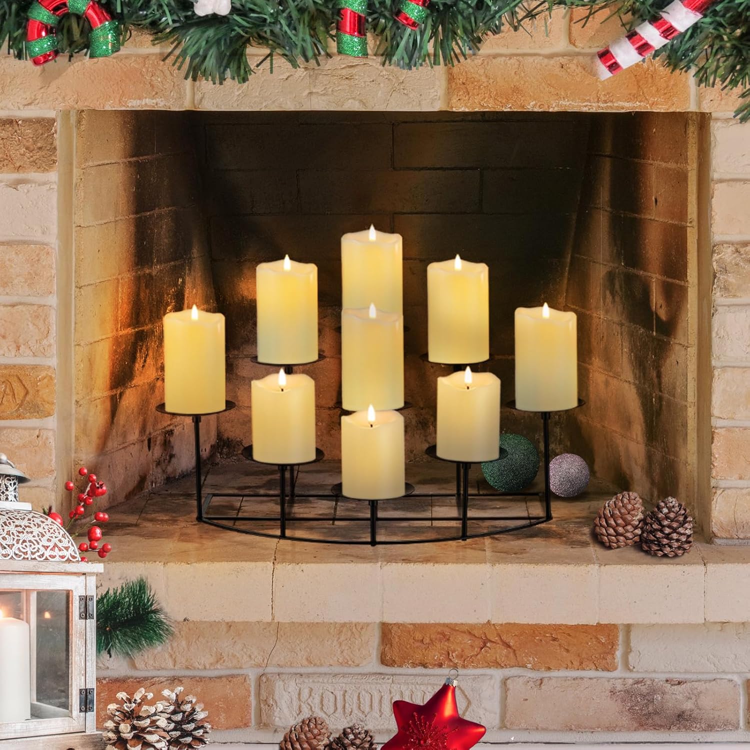 Candelabra Fireplace Candle Holder: Black Metal Pillar Candle Holders for Inside Fireplace Mantle Decor Floor Candelabras Table Centerpiece