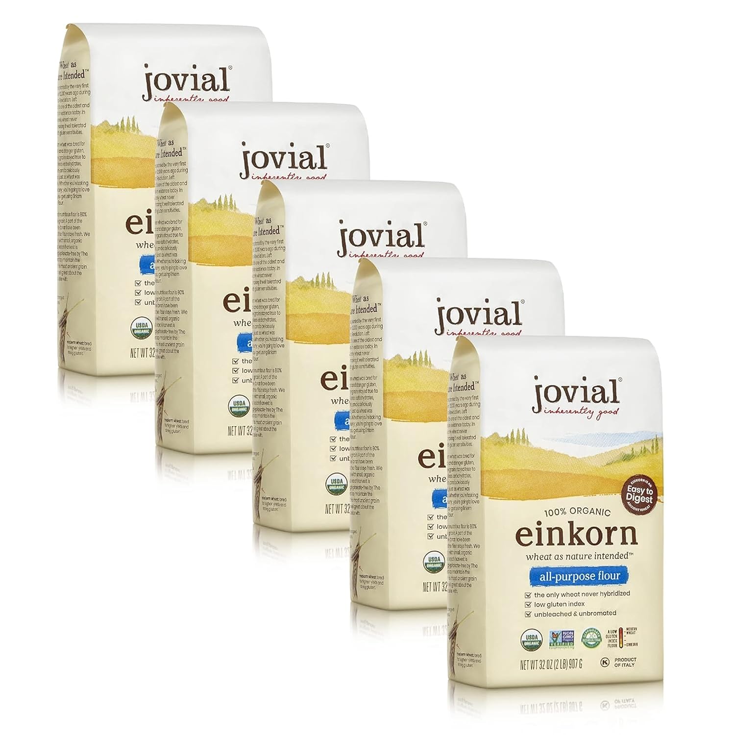 Jovial Organic Einkorn Unbleached All Purpose Flour - Bread Baking Flour for Sourdough, High Protein, Non-GMO, Organic Pizza & Pasta, European Italian, Glyphosate Free - 32 Oz, 5 Pack