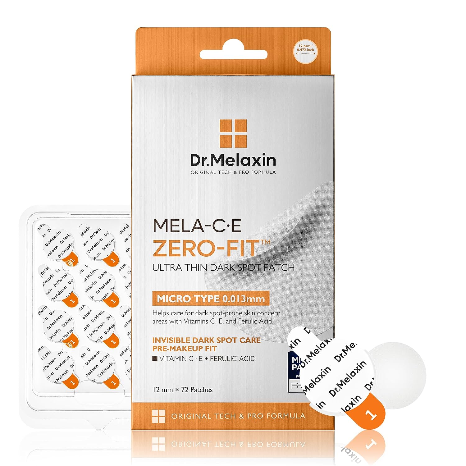 Dr.Melaxin Mela-C·E ZERO-FIT Ultra Thin Spot Patch 0.013mm Invisible Face Stickers with Vitamin C, E & Ferulic Acid, Seamless Under Makeup Skin Tone Care, 12mm x 72 Patches