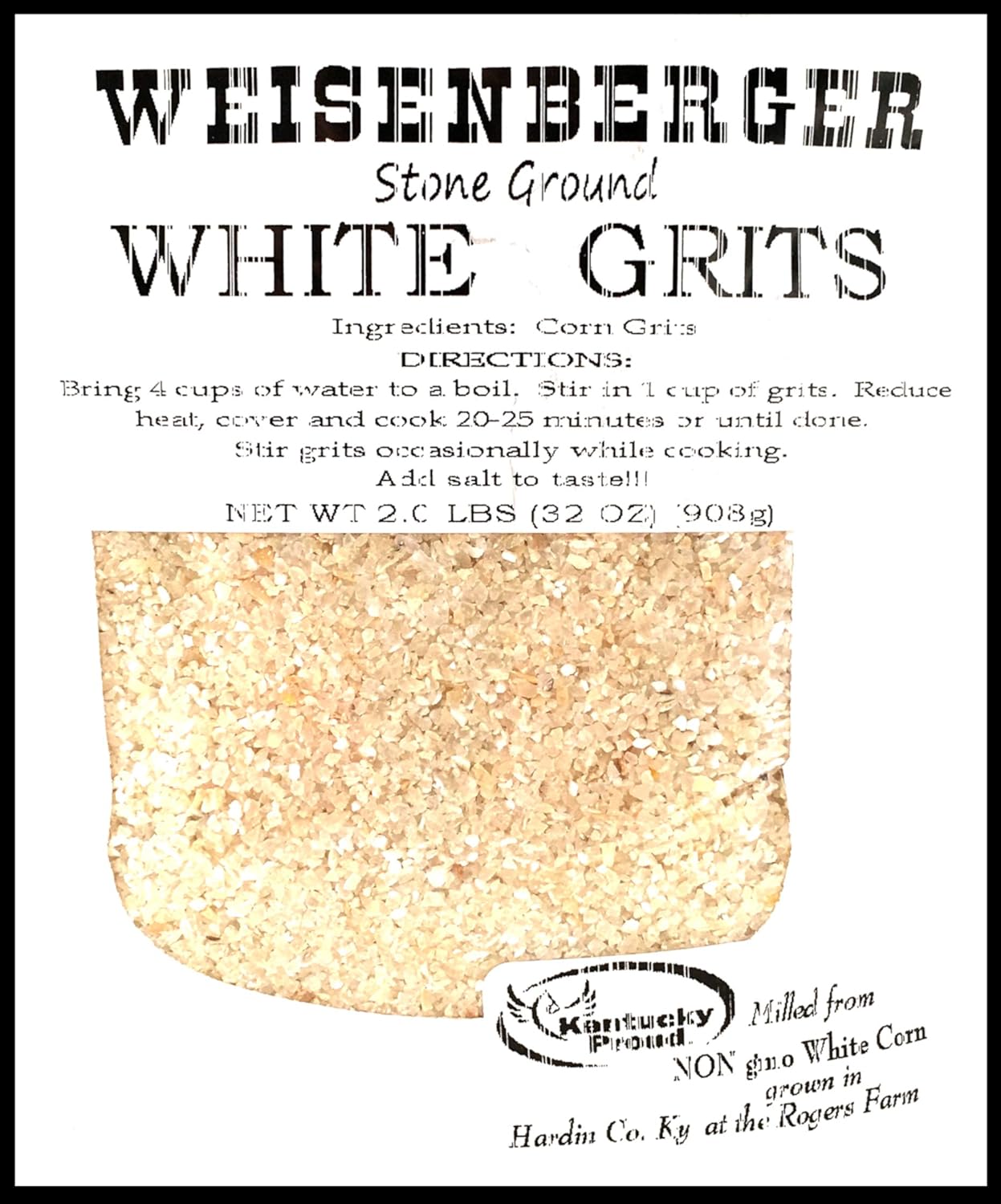 Weisenberger Stone Ground Grits, White- Authentic, Old Fashioned, Southern Style Corn Grits - Local Kentucky Proud Product - Non-GMO, Coarse Ground - White, 2 lb