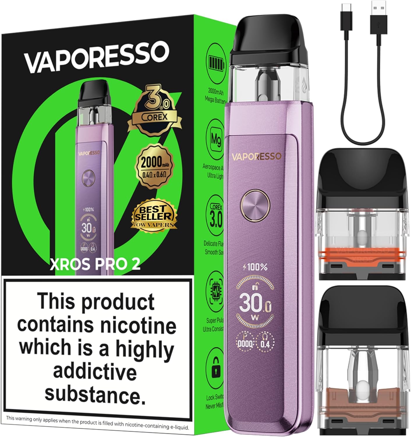 Vaporesso Xros Pro 2 Vape Pod Kit 30W, Built in 2000mAh Mega Battery, Compatible with XROS Pods, Fast Charge, 2ML, No Nicotine (Dawn Purple)