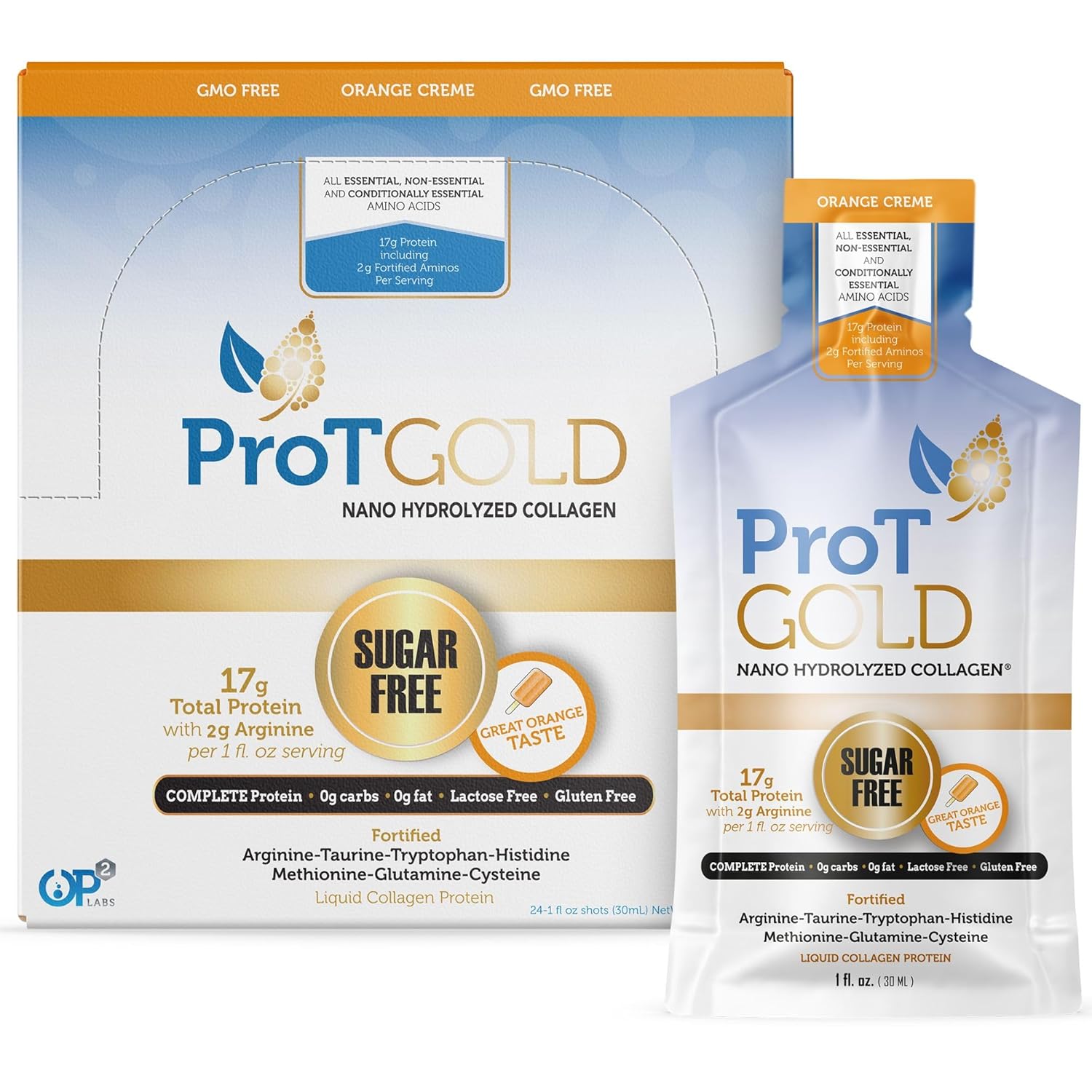 Liquid Collagen Protein Shot, 17g Clear Protein Nano-Hydrolyzed Grass Fed Collagen, 2g Arginine for Wound Support, Gluten Free, Sugar Free, 0g Carbs, Orange Creme, 1 fl oz, 24 Pack
