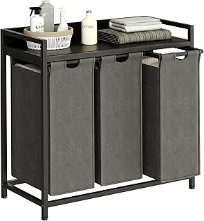 Laundry Hamper with Shelf, Laundry Basket 3 Section, Laundry Sorter with Pull-Out Removable Large Bags and Movable Wheels, Metal Frame, 3 x 15.87 Gallons (60L), Black and Gray PF04XLC