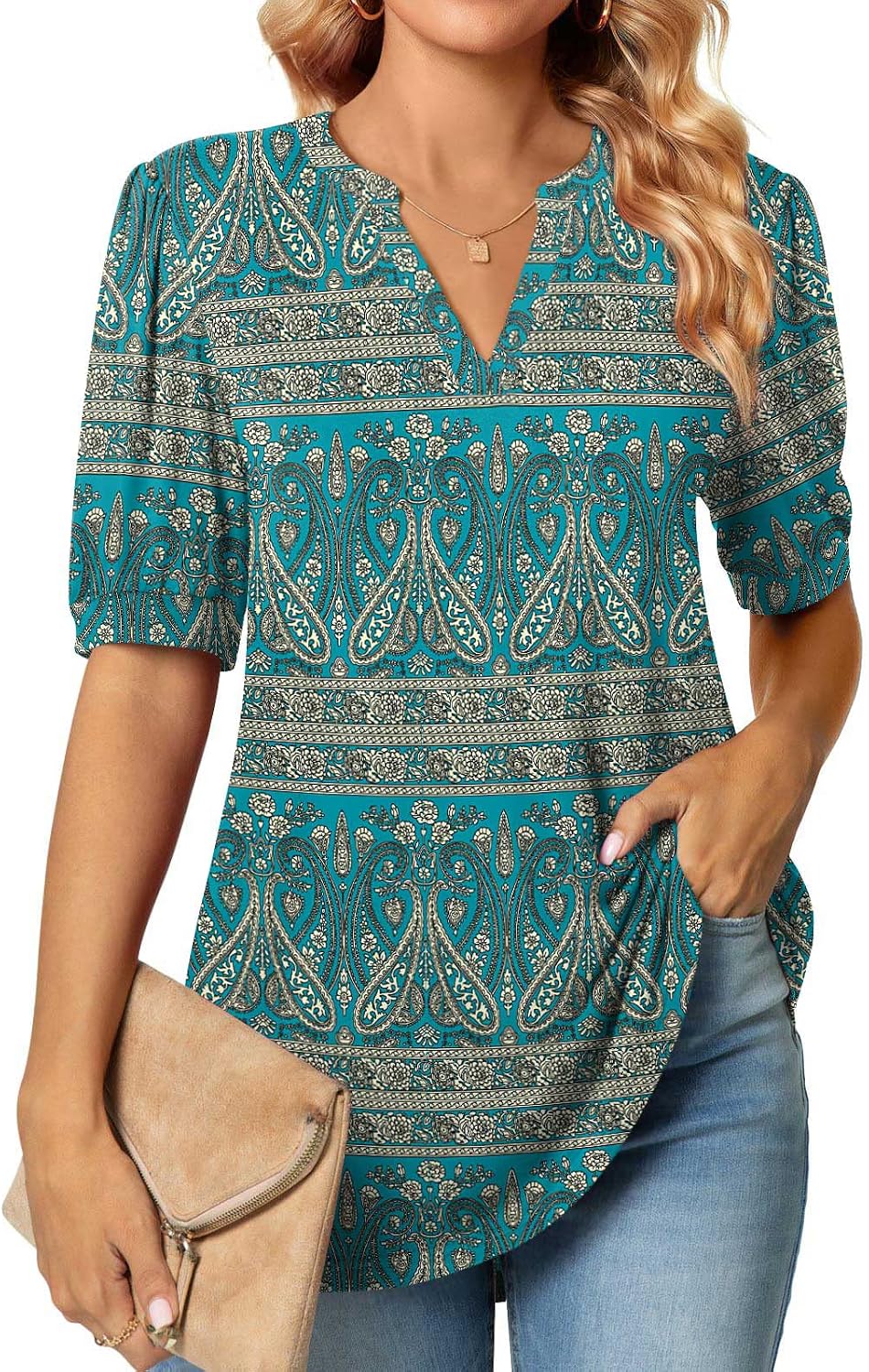 Anyally Womens Summer/Spring Puff Short Sleeve Tops Dressy Casual V-Neck T-Shirts Cute Blouse for Work