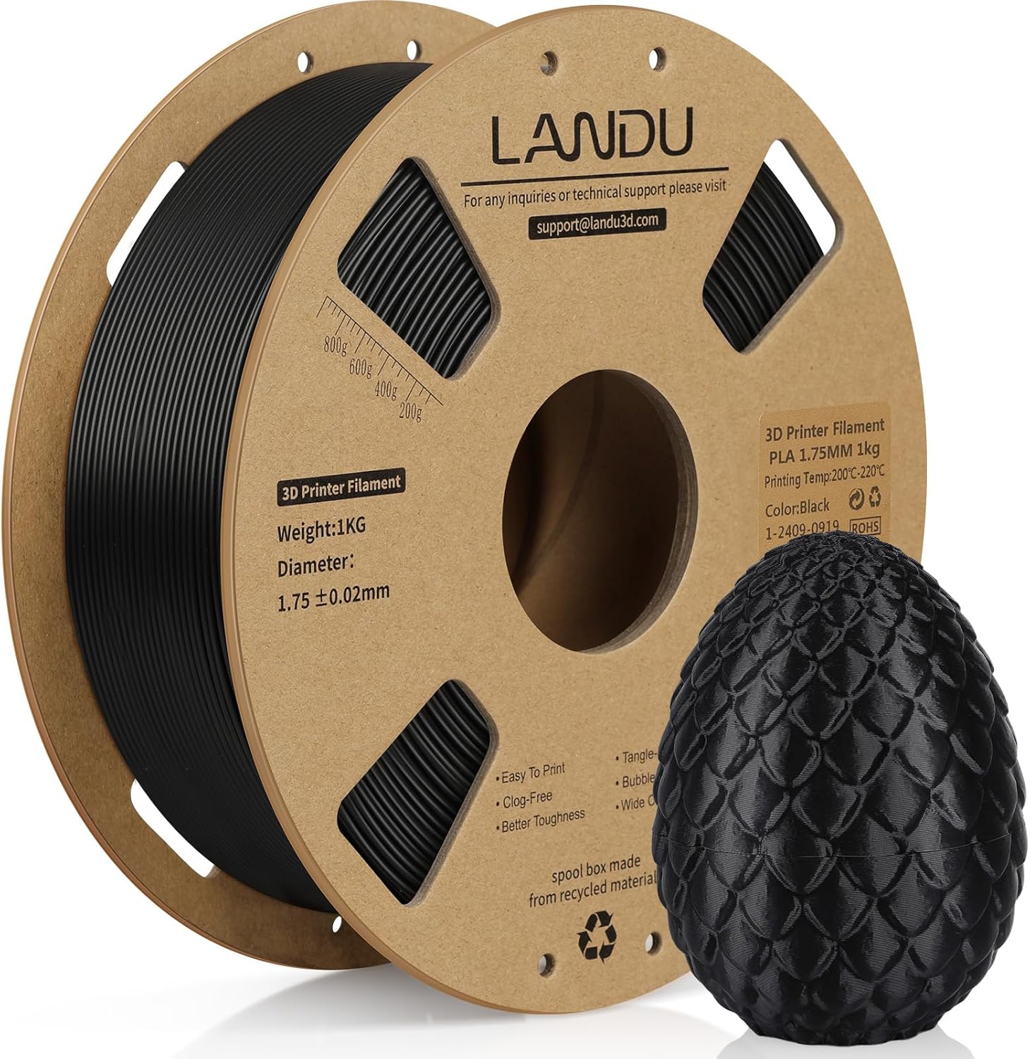 LANDU PLA Filament 1.75mm 1KG 3D Printer Filament Black PLA Dimensional Accuracy +/- 0.02mm Filament 3D Printing Materials 2.2lbs Cardboard Spool for Most FDM 3D Printers