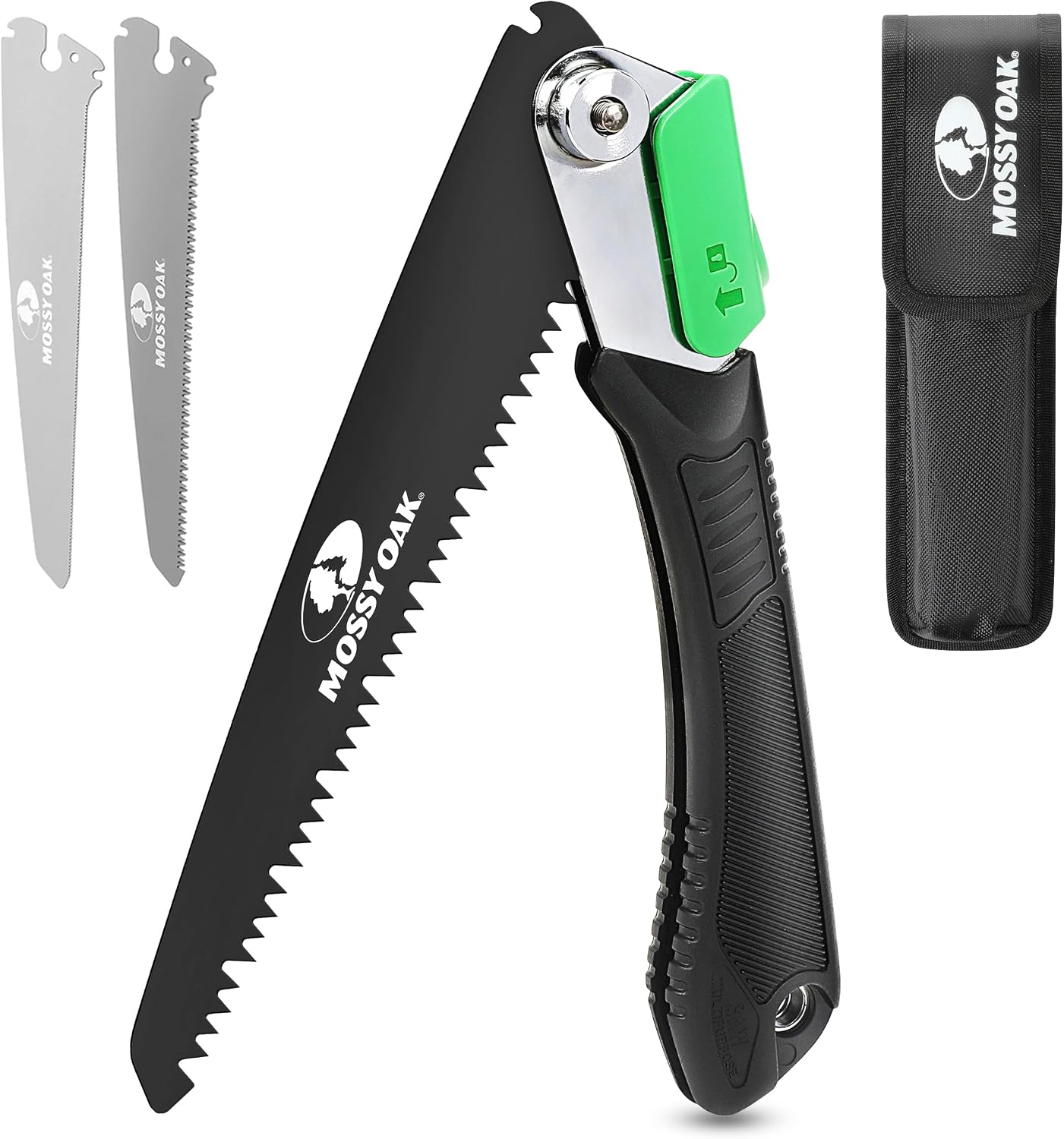 Mossy Oak Pruning Saw, Folding Hand Saw with Secure Lock, 3 Blades Made of Cr-V and 65Mn, for Wood, Bone, PVC, Tree Pruning, Camping, Hunting, Non-Ferrous Metal, Solid TPR Soft Grip and Portable Pouch
