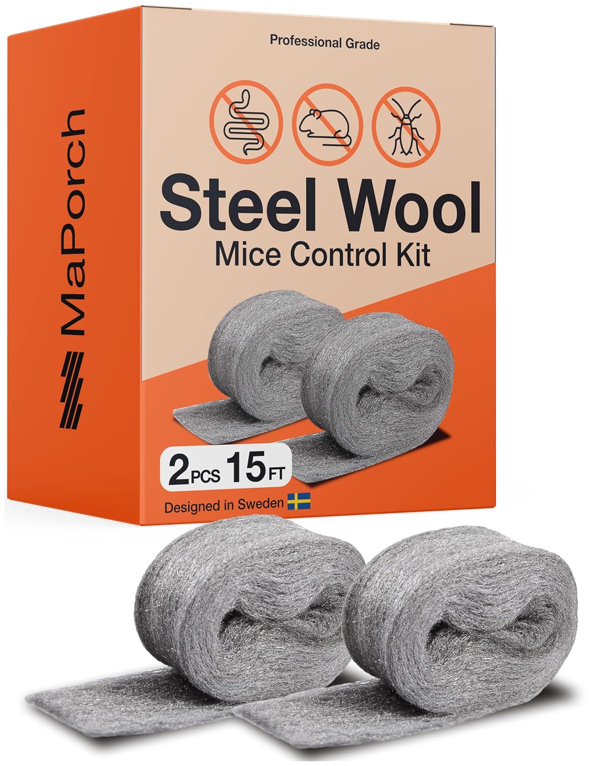 MaPorch Stainless Steel Wool Mouse Hole Filler - 2-Pack, 3.2 in x 7.5 ft - Flexible Gap Filler & Rodent Defense - for Weep Hole & Brick Wall Seals - Includes Gloves & Scissors