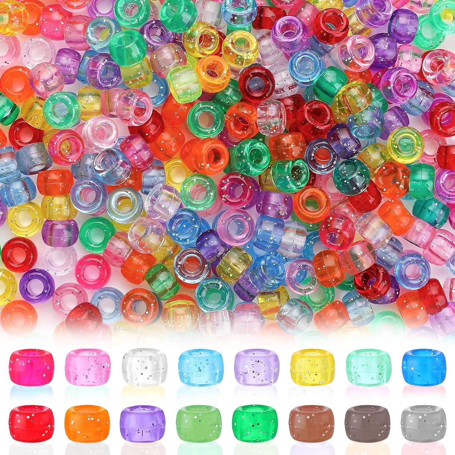 1500Pcs Pony Beads Assortment Multicolor Sparkle Plastic Bead for Crafting Hair Braids Bracelet DIY Small Acrylic Bead for Kids and Adults Sticky Rolls Bracelet Candy Beads